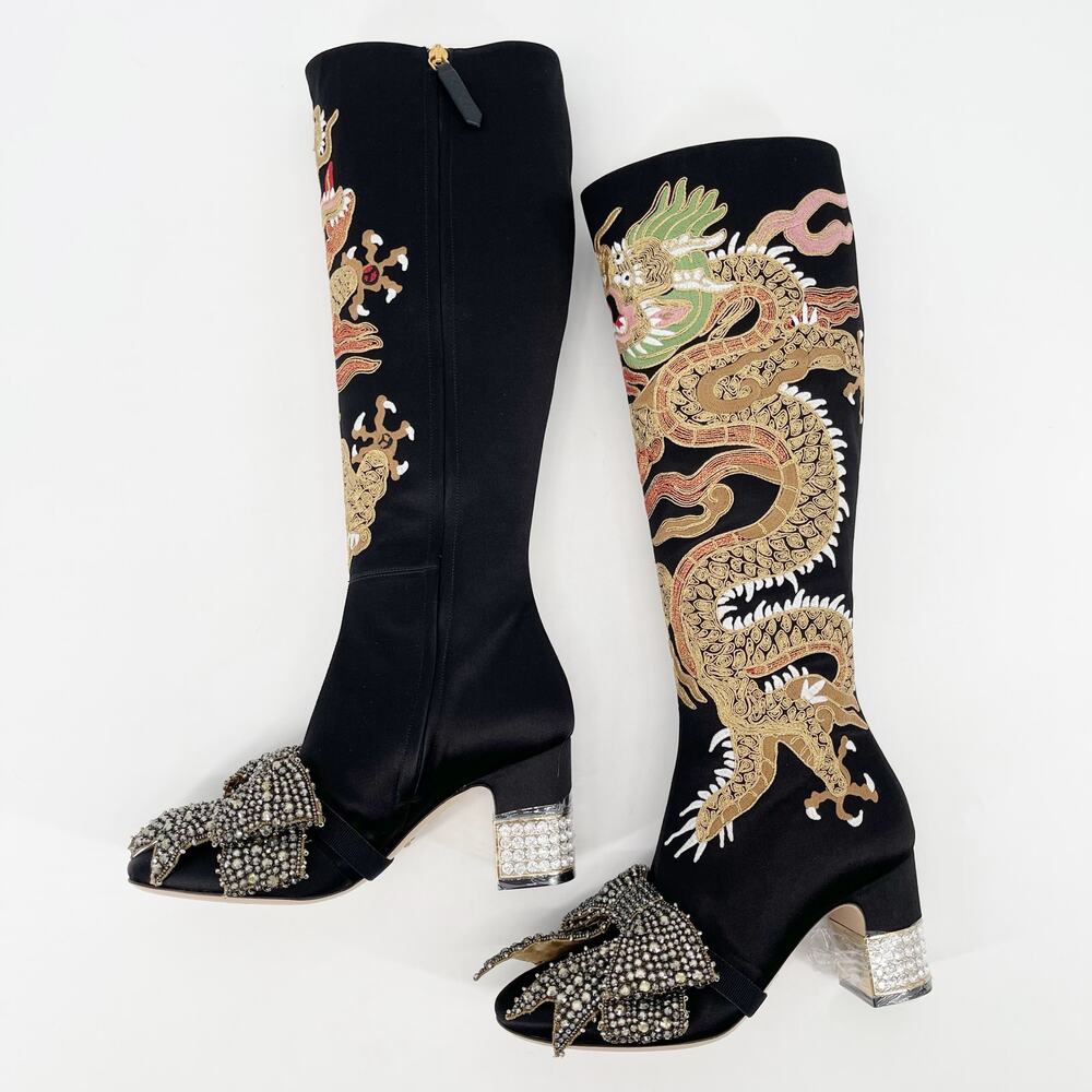 Gucci Black Candy Dragon Crystal Bow Satin Embroidered Heeled Boots EU 37 - Picture 5 of 16